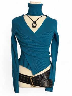 Cache Teal Ribbed Wrap Turtleneck Top V neck true y2k
